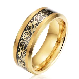 Ouyuan Cincin Tungsten 8Mm dengan Tatahan Naga Celtic, Cincin Pernikahan Pas Badan Bulat Lapis Emas dengan Tatahan Naga Celtic