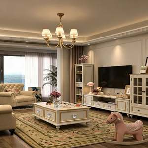 Mueble de TV de Madera Estilo Europeo BALOM, Juego de Muebles para Sala de Estar con Cajones de Almacenamiento, Diseño Clásico Tallado en Blanco - Product Image 2