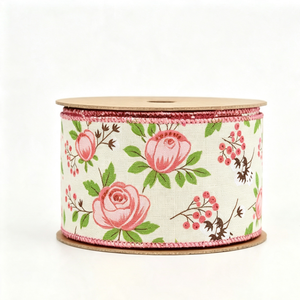 Cinta de Yute Sintético Fino de 2 1/2 Pulgadas con Alambre, Resistente al Encogimiento, Rollo de 10 Yardas, Diseño Floral Rosa Primavera, Impresión Personalizada - Product Image 3