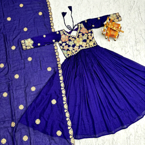 <b>Women</b> Indian Ethnic Blue Embroidered Anarkali Gown <b>Suit</b> Set Floor-Length Loose Fit Traditional <b>Wedding</b> <b>Dress</b> with Dupatta - Product Image 5