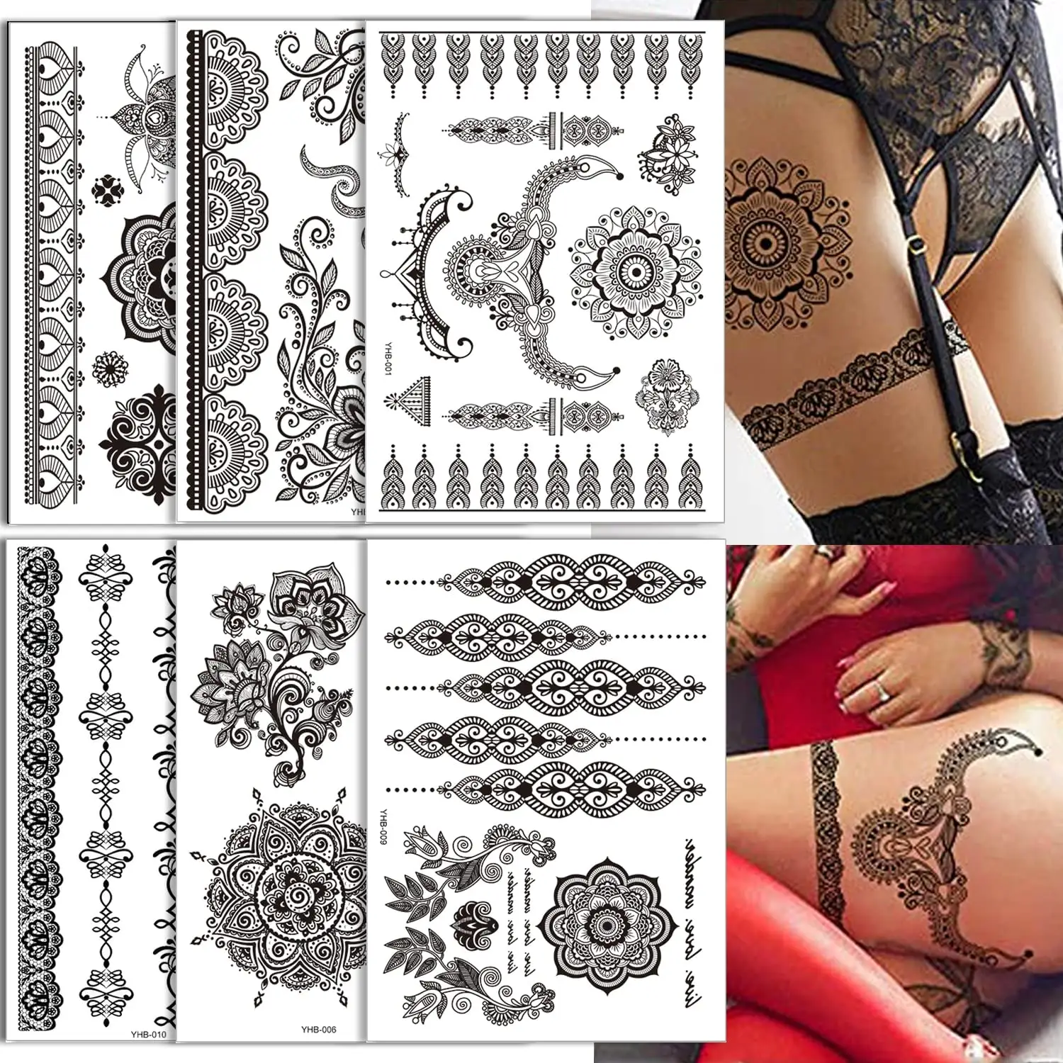 Schwarzes Henna Temporäre Tattoo Aufkleber Spitze Blume Mandala Blume Elefant Wasserdichtes Tattoo für Frauen Mädchen