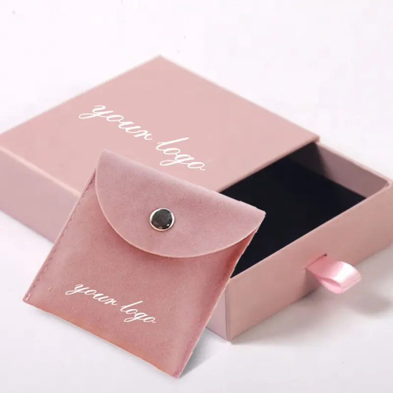 Roze Custom Logo Pochette Bijoux Flap Fluwelen Velours Trekkoord Suede Sieraden Pouch Verpakking Pouch Insteekkaart Display Met Doos