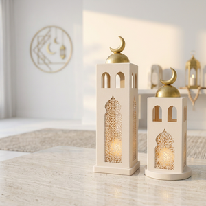 Faroles Blancos con Forma de Mezquita y Cúpula Dorada, Portavelas sin Llama para Decoración del Hogar en Ramadán - Product Image 2