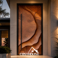Porte d'entrée en bois sculptée 3D moderne et personnalisée, avec poignée longue, pour villa de luxe