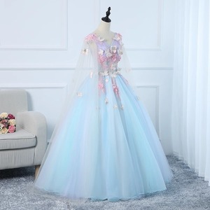 Sky Blue V-Neck Empire Waist Formal Dress With 3D Floral Embellishments For Annual Meeting Performance - Product Image 2