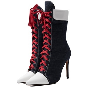 Botas Curtas de Salto Alto Fino Estilo Retrô para Mulheres, Tamanho Grande 47, Sapatos com Cadarço, Botinhas de Denim em Patchwork - Product Image 2
