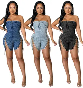 New Fashion Summer Rompers for Women One Piece Jumpsuit 2024 Short Tight Strapless Hollow Out Lace Up Denim Jean Jumpsuit