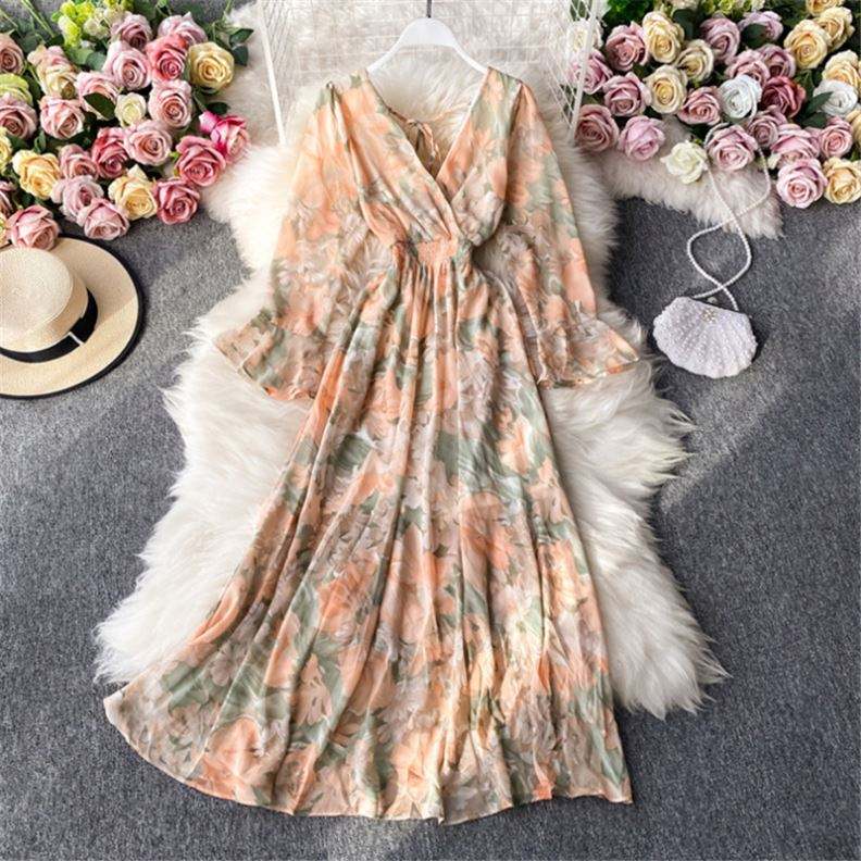 Floral Print Deep V-Neck Long Sleeve Maxi Dress for Women