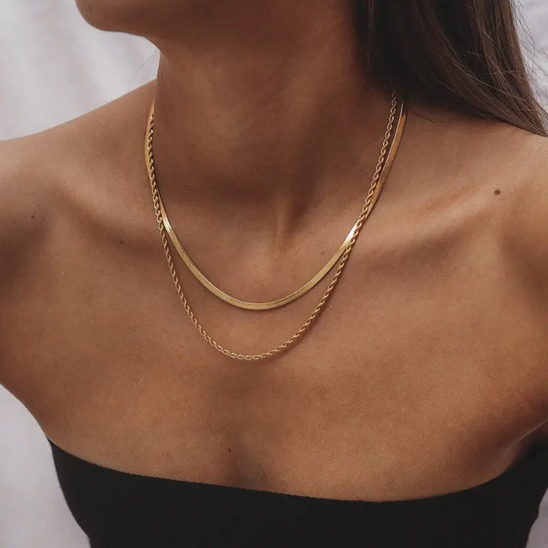 18K PVD Stainless Steel Jewelry Rope Chain Necklace Snake Chain Herringbone Choker Layered gold plated double chain necklace