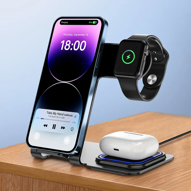 LDNIO Y9 Aluminum Alloy 3 in 1 Wireless Charger Phone Holder All in One QI Wireless Fast Charger Stand for IPhone Huawei Samsung