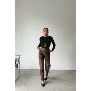 Pantalon en cuir PU marron taille haute coupe droite anti-boulochage pour femme - Product Image 5