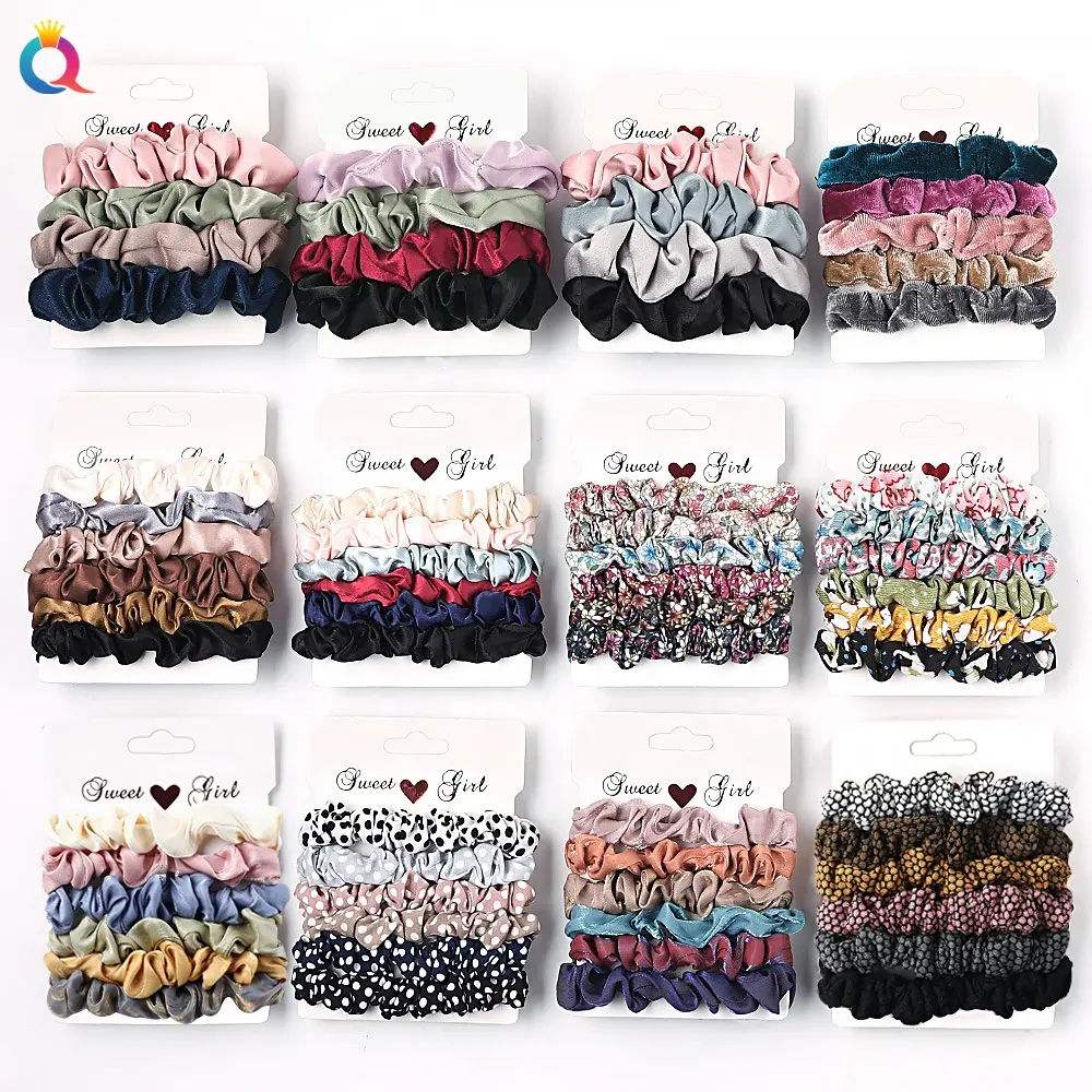 Conjunto de varias scrunchies con tarjeta de papel blanco para mujer, coletero, banda elástica para el pelo