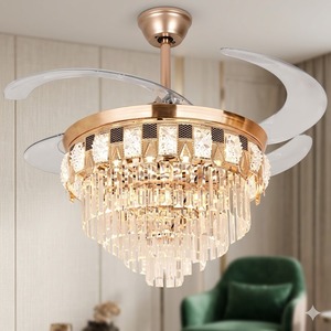 Ventilateur de plafond LED élégant en cristal doré avec pales rétractables, télécommande, lumière silencieuse, style lustre pour la décoration intérieure - Product Image 3