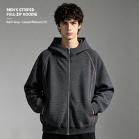 Nouveau sweat-shirt zippé à capuche en tricot à rayures horizontales, style créateur, délicat, coupe ample, raglan, automne 2026, transfrontalier