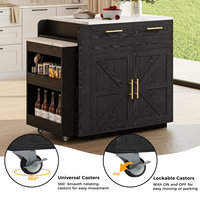 Îlot de cuisine moderne SENYU noir avec dessus en marbre blanc, étagères ouvertes, rangement pour vin, table de préparation multifonctionnelle