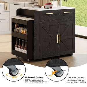 Isla de Cocina Negra Moderna SENYU con Encimera de Mármol Blanco, Estantes Abiertos, Almacenamiento para Vino, Mesa de Preparación Multifuncional - Product Image 6