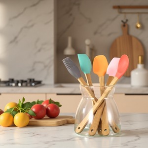 Bamboo Handle <b>Silicone</b> 5-Piece Cooking Set Heat Resistant Spatula Spoon Brush Kitchen <b>Tools</b> - Product Image 2