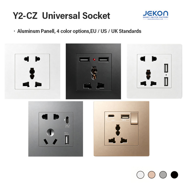 Y2 CZ 86 Type Aluminum Panel Universal Wall Socket Phosphor Tin Bronze USB a Type C AC250V 4 Colors for Home Hotel Decoration