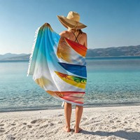 Serviette de plage en microfibre imprimée numériquement sur mesure avec franges, motif planche de surf, grande couverture de plage pour le surf et le camping