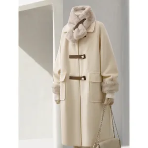 Bej yün ceket kadın yeni düz Faux tavşan kürk astar kalınlaşmış kış ceket panelli uzun yalıtımlı ceket kadınlar