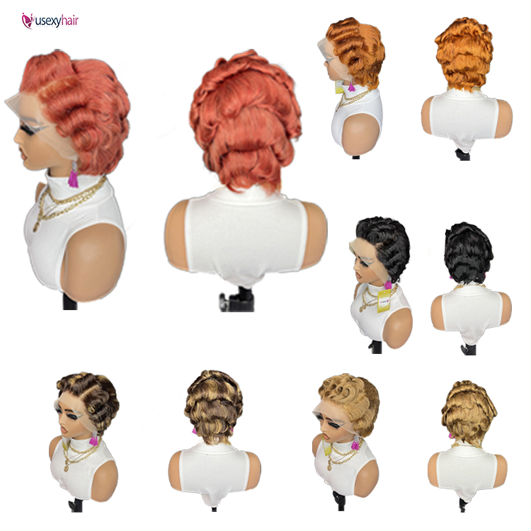 wig short finger wave human hair for women brown short ocean wave pixie cut natural color