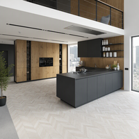 Meubles de cuisine modernes en bois grainé sur mesure, ensemble d'îlots modulaires bicolores anthracite avec étagères ouvertes pour loft et duplex