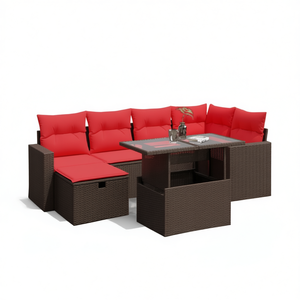 Brown Poly <b>Rattan</b> Garden <b>Sofa</b> Set With Cushions 7 Piece Outdoor Furniture Contemporary Design For Garden Seating Capacity 6 - Product Image 1