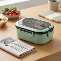Boîte à lunch bento verte à double couche 1200 ml, conteneur à lunch en plastique avec couverts pour le bureau et l'école