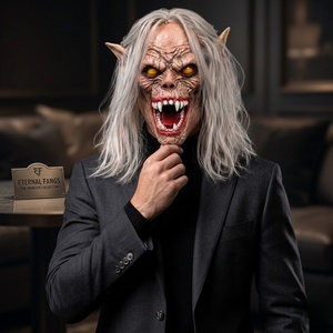 Masque en latex amusant et original, monstre à visage complet avec yeux jaunes lumineux, crocs pointus et longs cheveux argentés pour Halloween Cosplay - Tendance - Product Image 6