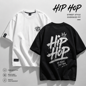 T-shirt Hip Hop blanc et noir, style streetwear oversize, imprimé graffiti, épaules tombantes, coton, mode urbaine, logo personnalisé - Product Image 1