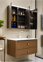 Meuble de salle de bain mural moderne en bois avec miroir LED et deux tiroirs de rangement, disponible en taille personnalisée, vente en gros directe usine