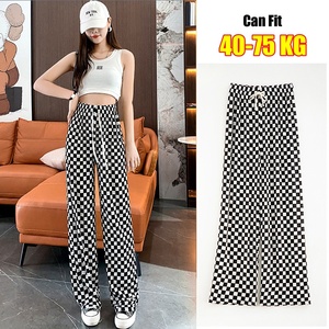 Women Summer Spring Plaid Casual Pants Ice Silk Smooth Loose Wide Leg <strong>Trousers</strong> New Lady <strong>Checkered</strong> Long Pants - Product Image 3