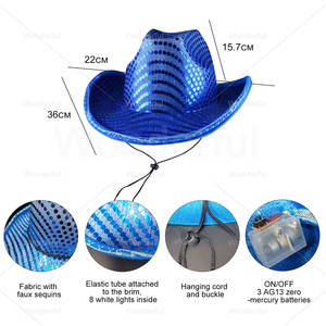 Chapeau de cowboy à paillettes argentées LED à livraison rapide, unisexe, brillant, pour la remise des diplômes, la Saint-Valentin, les mariages, les concerts, les décorations de fête de Noël - Product Image 6
