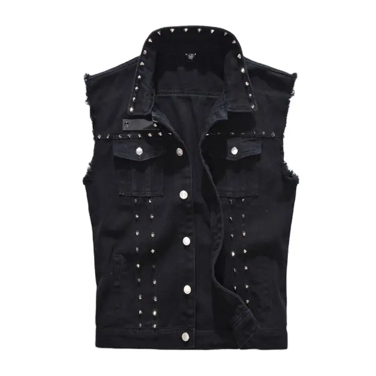 Джинсовый жилет для мужчин, ковбойский черный жилет из денима в стиле панк-рок, с заклепками, модная безрукавка в байкерском стиле