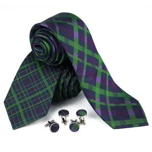 حرير من التوت للرجال مخصص أخضر أرجواني تحقق من الترتان منقوش ربطة عنق وربطات عنق وزر أزرار أكمام لـ Rmen