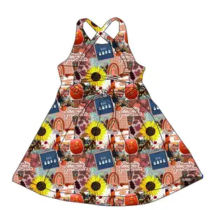 1 Piece Custom 230g Fabric Back Cross Skirt Girls Spring Summer Twirl Dress Printing Dress Flare Sleeve T-shirt Girls Dress