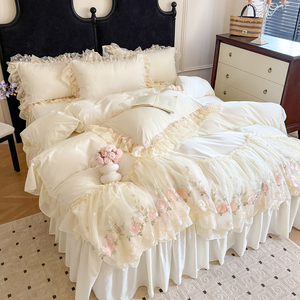 Parure de lit en coton style princesse coréenne 4 pièces avec broderie et dentelle, housse de couette, drap plat et drap-housse pour usage domestique - Product Image 3