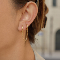 Boucles d'oreilles créoles classiques JF Lady avec pampilles, en acier inoxydable plaqué or 18 carats, délicates et minimalistes, à double boucle et chaîne