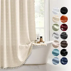 Bohemian Style Bathroom Shower Curtain Woven Plaid Waterproof Shower Curtain with Fringe