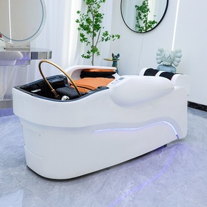 <span class=keywords><strong>Lit</strong></span> de lavage de luxe pour spa capillaire au design moderne noir, blanc et or avec bac intégré et robinet doré incurvé, qualité professionnelle pour salon - Product Image 2