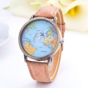 นาฬิกาข้อมือผ้าเดนิม ผ้าแคนวาส สายหนัง ลายแผนที่โลก รูปทรงเครื่องบิน - Product Image 4