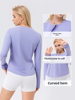 Atasan Lengan Panjang Bahan Sutra Es UPF 50+ untuk Wanita, Kerah Bulat, Lubang Ibu Jari, Ujung Melengkung, Bernapas, Cepat Kering, Kaos Olahraga Lari