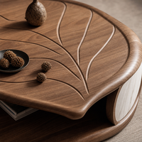 Table basse moderne en forme de feuille, en bois de noyer massif, avec étagère de rangement, pour salon de villa