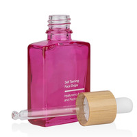 Bouteilles de sérum compte-gouttes en bambou compte-gouttes cosmétique verre sérigraphie paquet de soins de la peau Eco carré vide rose 15ml 30ml 50ml 100ml
