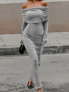 Nuovo autunno colore <span class=keywords><strong>grigio</strong></span> spalla a manica lunga <span class=keywords><strong>aderente</strong></span> Maxi abito donna - Product Image 3