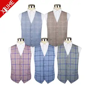 Mens Classic High Quality Wool OEM Waistcoat Formal Cotton Linen Gray Suit Vest V-neck Plaid Custom Polyester Waistcoats