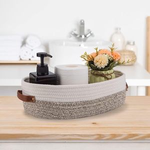 Giỏ đựng đồ gia dụng hình oval có tay cầm bằng da, làm bằng dây thừng cotton dệt, dùng để đựng đồ chơi trong phòng trẻ em và phòng tắm, chất liệu vải. - Product Image 4