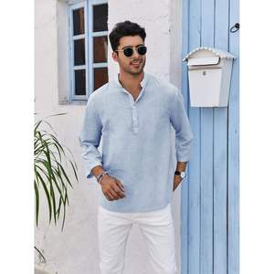 Camisetas lisas ligeras de manga corta informales para hombre, camiseta Henley de algodón 100%, camisetas de playa abotonadas - Product Image 2
