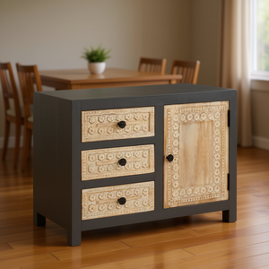 Grey And White Solid Mango Wood Rectangular <b>Sideboard</b> Antique Design Metal Handle Home Furniture - Product Image 2