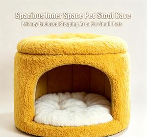 Spacious Yellow Fleece Pet Stool Cave With White <b>Cushion</b> For <b>Small</b> Pets Indoor Use All Seasons - Product Image 1